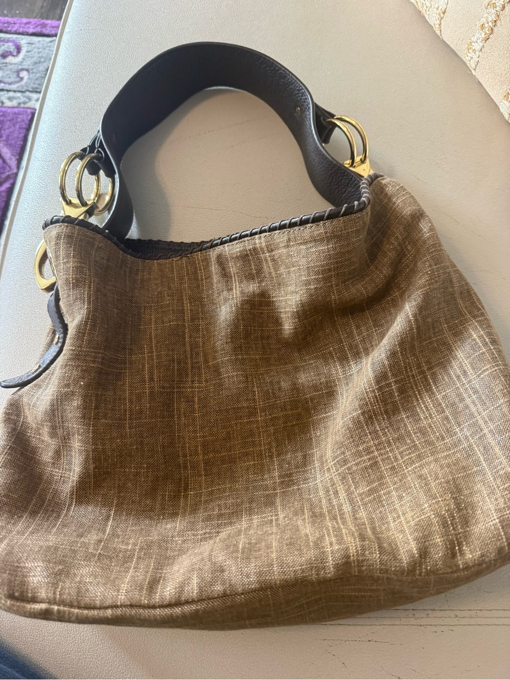 JPK Paris 75 Brown Canvas Shoulder Hobo Bag with Leather Handle and Gold Rings